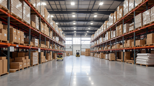 电商企业仓库内部,货架整齐排列,工作人员忙碌作业